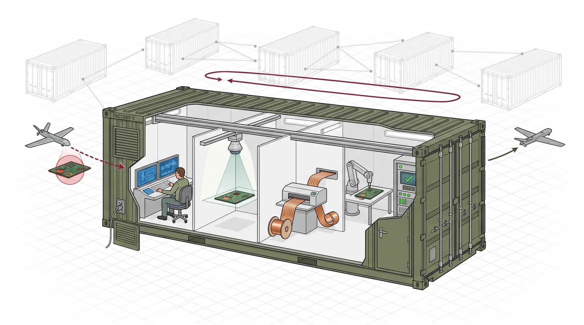 The anatomy of EXO-1: inspection, printing, assembly, and qualification cells, with internal details simplified as protected IP